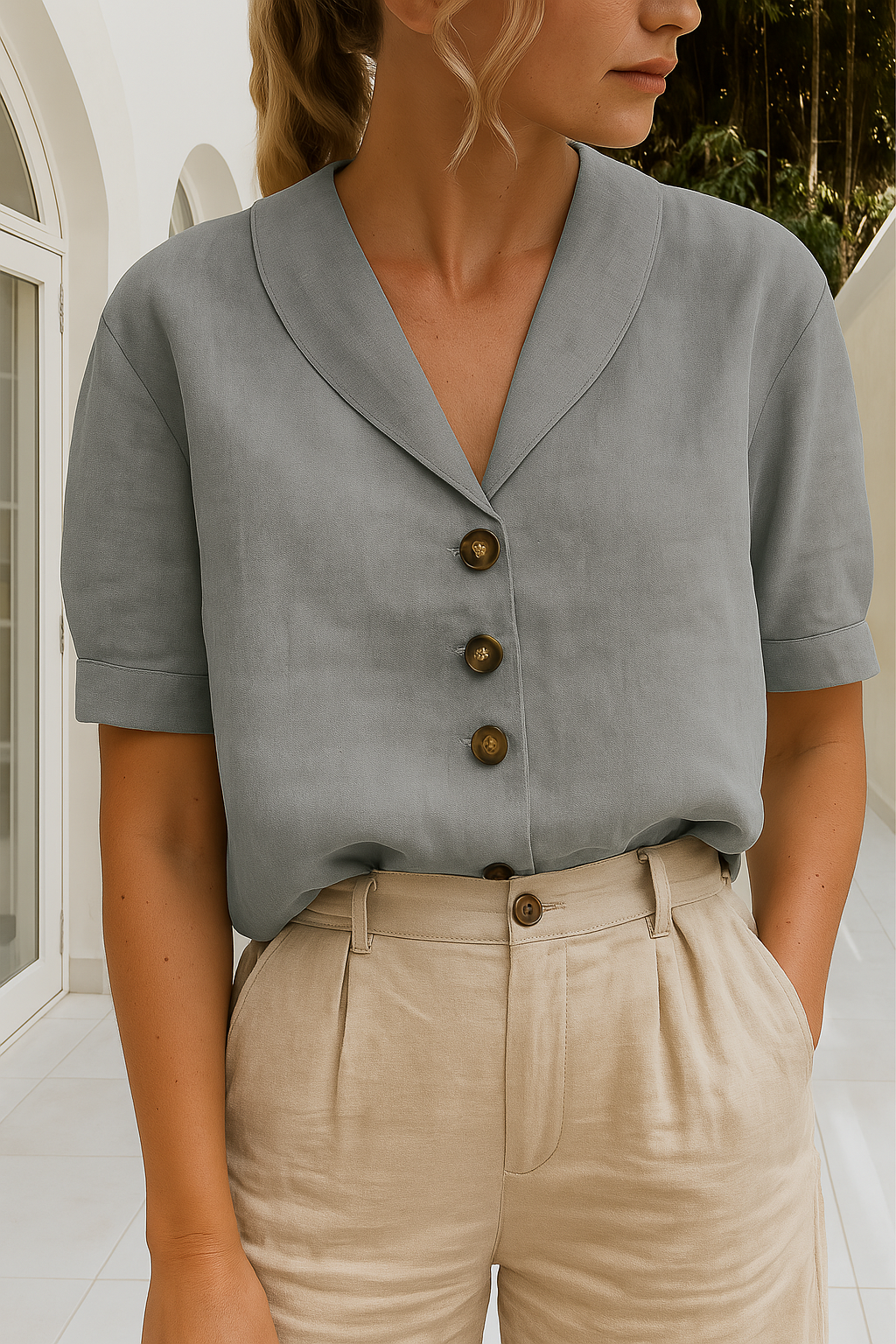 Quintessa | Button Front Shawl Collar Blouse Short Sleeve