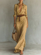 Bridget | Ruched Belted Maxi Shirt Dress Long Sleeve