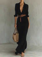 Bridget | Ruched Belted Maxi Shirt Dress Long Sleeve