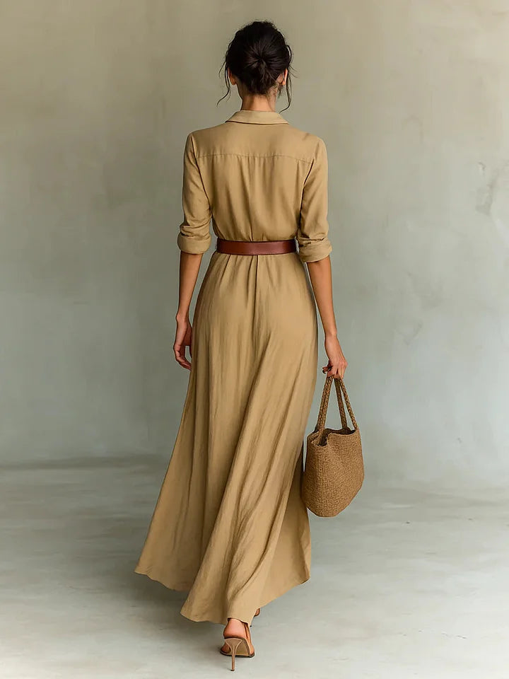 Bridget | Ruched Belted Maxi Shirt Dress Long Sleeve