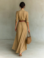 Bridget | Ruched Belted Maxi Shirt Dress Long Sleeve