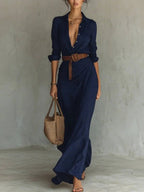 Bridget | Ruched Belted Maxi Shirt Dress Long Sleeve