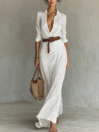 Bridget | Ruched Belted Maxi Shirt Dress Long Sleeve