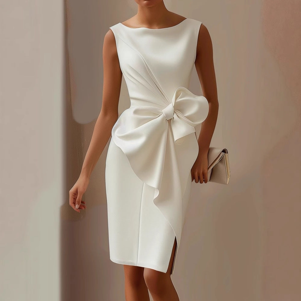 Eloise | Sleeveless Boat Neck Midi Dress With Side Bow Detail