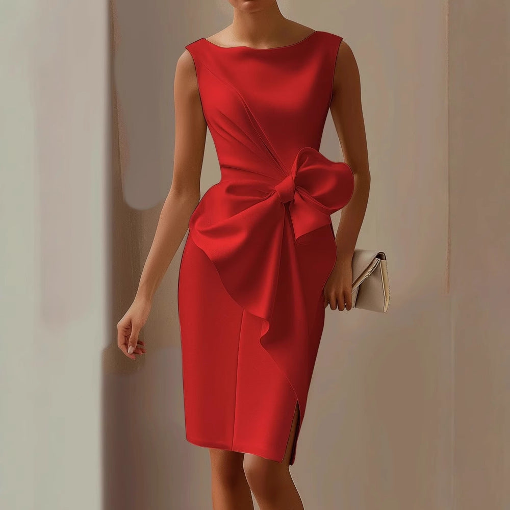 Eloise | Sleeveless Boat Neck Midi Dress With Side Bow Detail