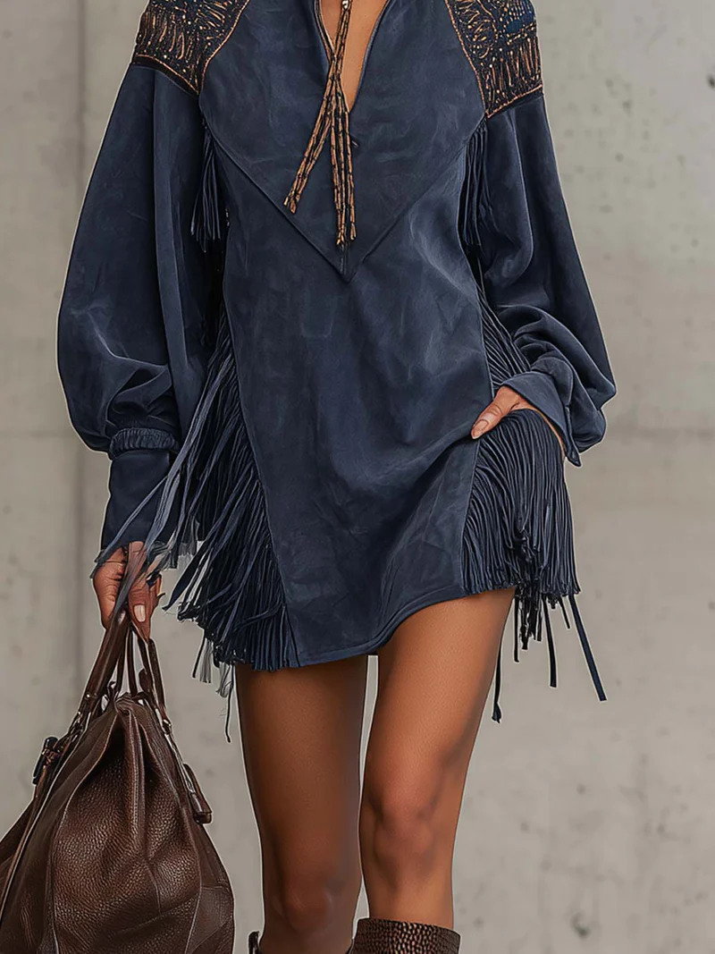 Romilly | Indigo Suede Stand Collar Mini Dress With Tassels