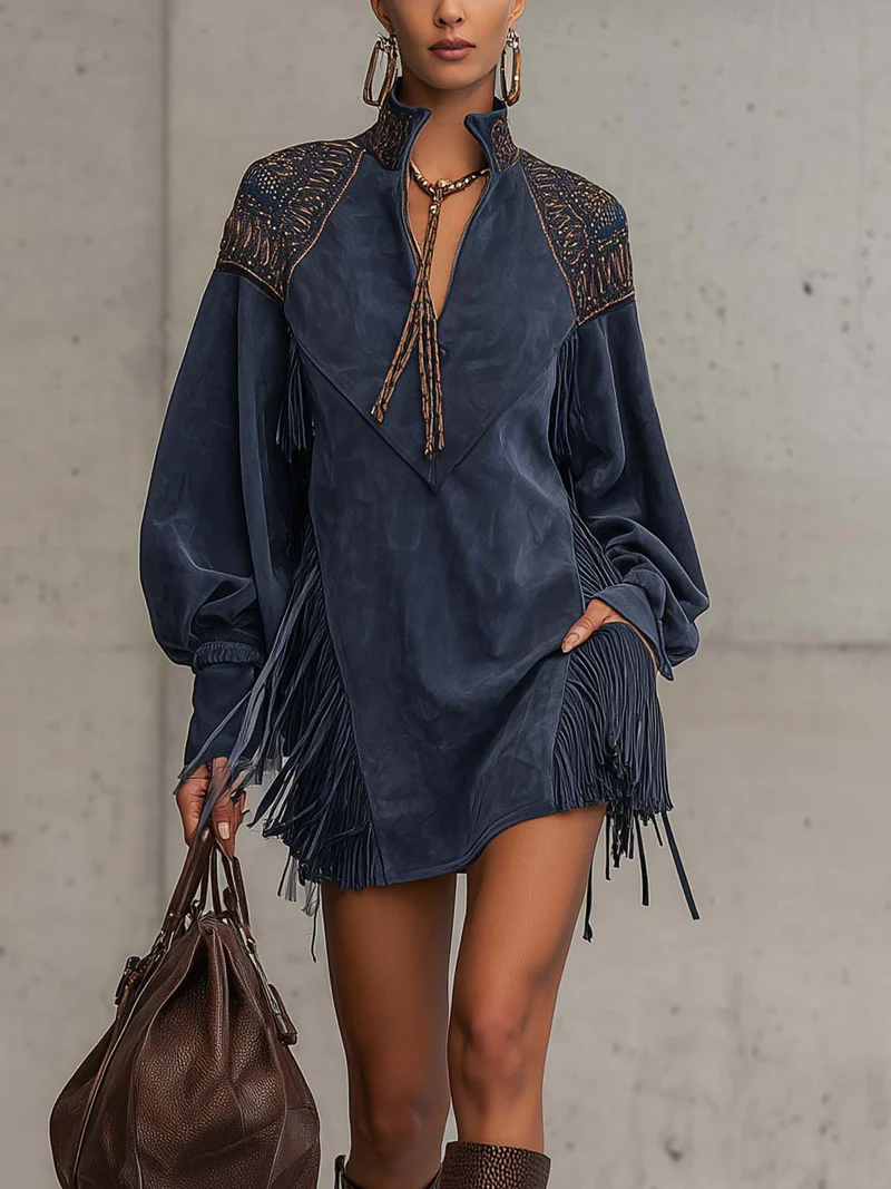 Romilly | Indigo Suede Stand Collar Mini Dress With Tassels