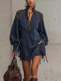 Romilly | Indigo Suede Stand Collar Mini Dress With Tassels