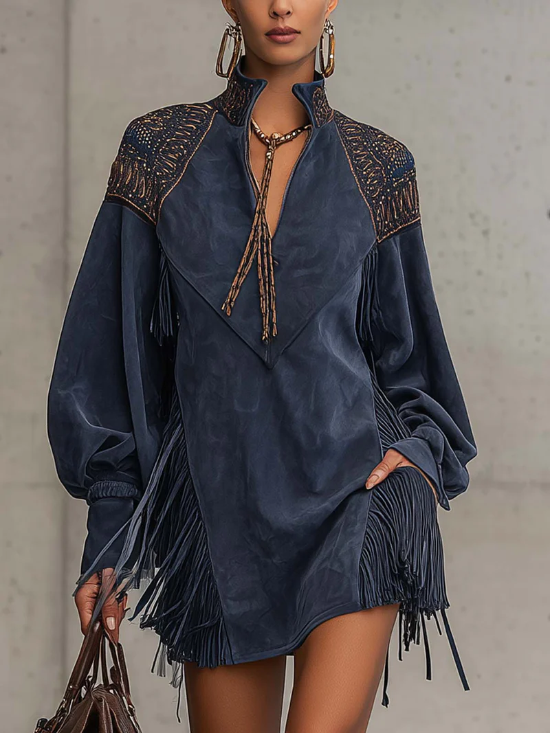 Romilly | Indigo Suede Stand Collar Mini Dress With Tassels