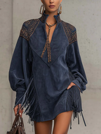 Romilly | Indigo Suede Stand Collar Mini Dress With Tassels