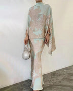 Tamsin | Knitted Co-Ord Set Botanical Print Kimono Sleeve — Champagne
