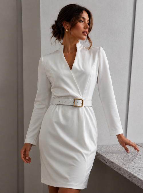 Aurelia | Belted V-Neck Occasion Dress Coat Midi White