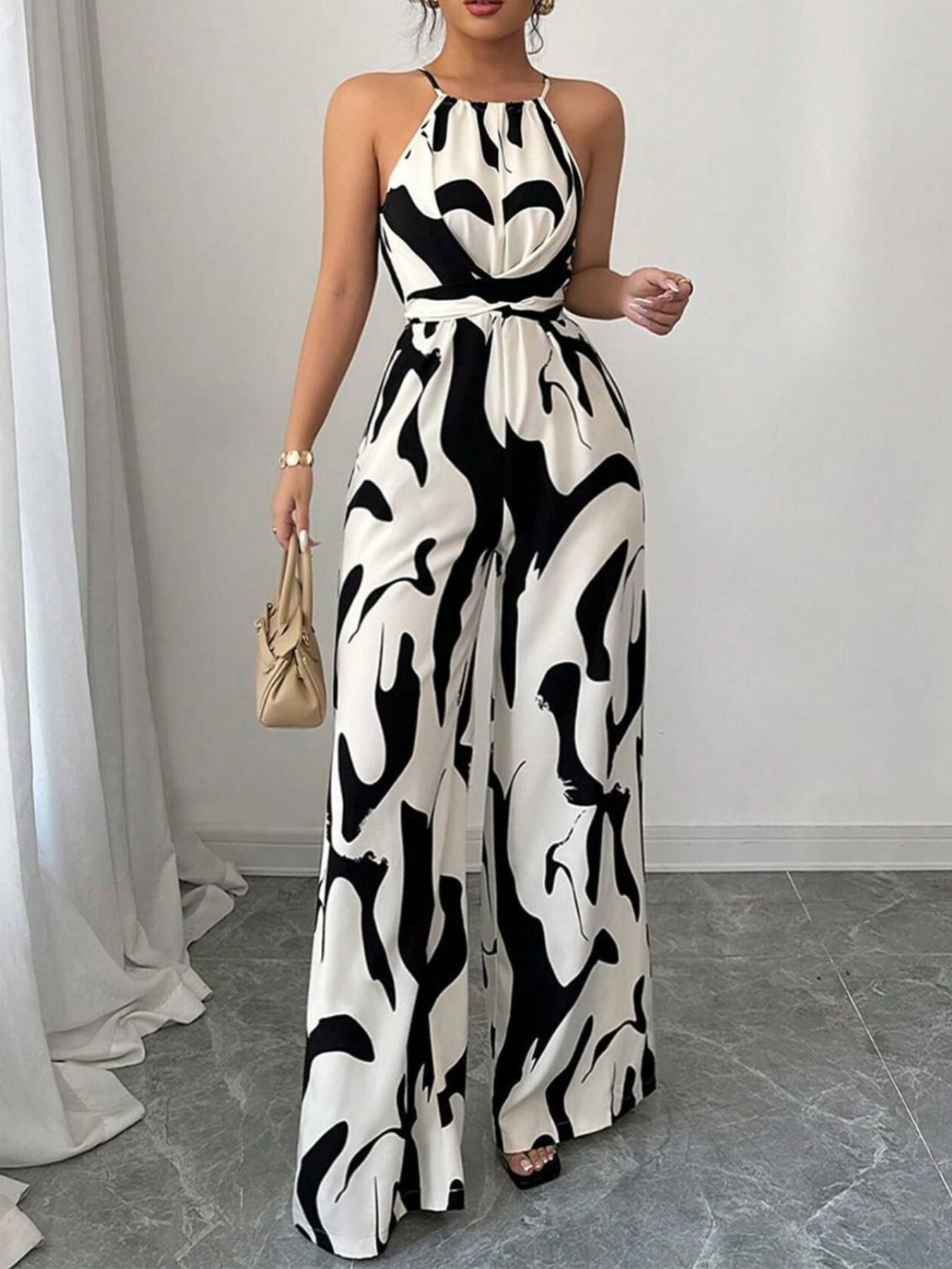 Cordelia | Halter Neck Belted Wide Leg Jumpsuit Black