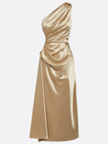 Eulalie | Satin One Shoulder Ruched Midi Wedding Guest Dress