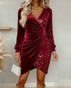 Apolline | Long Sleeve Sequin Velvet Mini Dress Green Silver White — Red