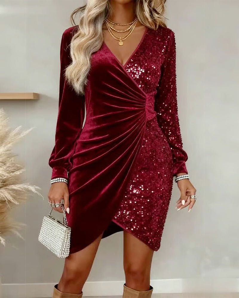 Apolline | Long Sleeve Sequin Velvet Mini Dress Green Silver White — Red