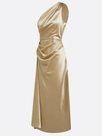 Eulalie | Satin One Shoulder Ruched Midi Wedding Guest Dress