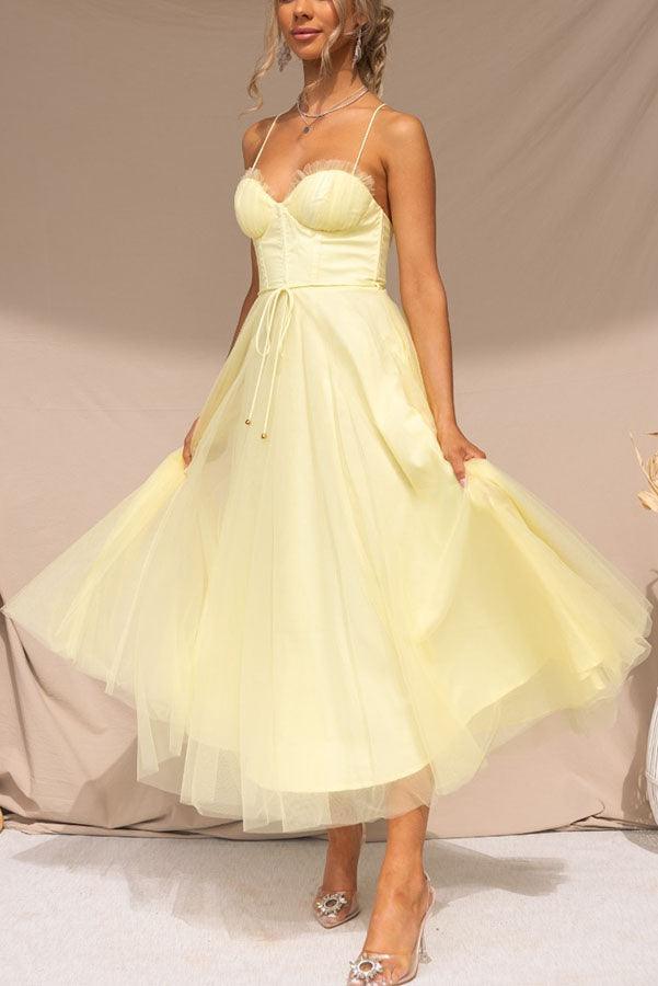 Edith | White Tulle Midi Dress With Corset Bodice
