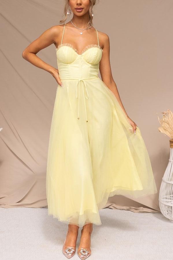 Edith | White Tulle Midi Dress With Corset Bodice