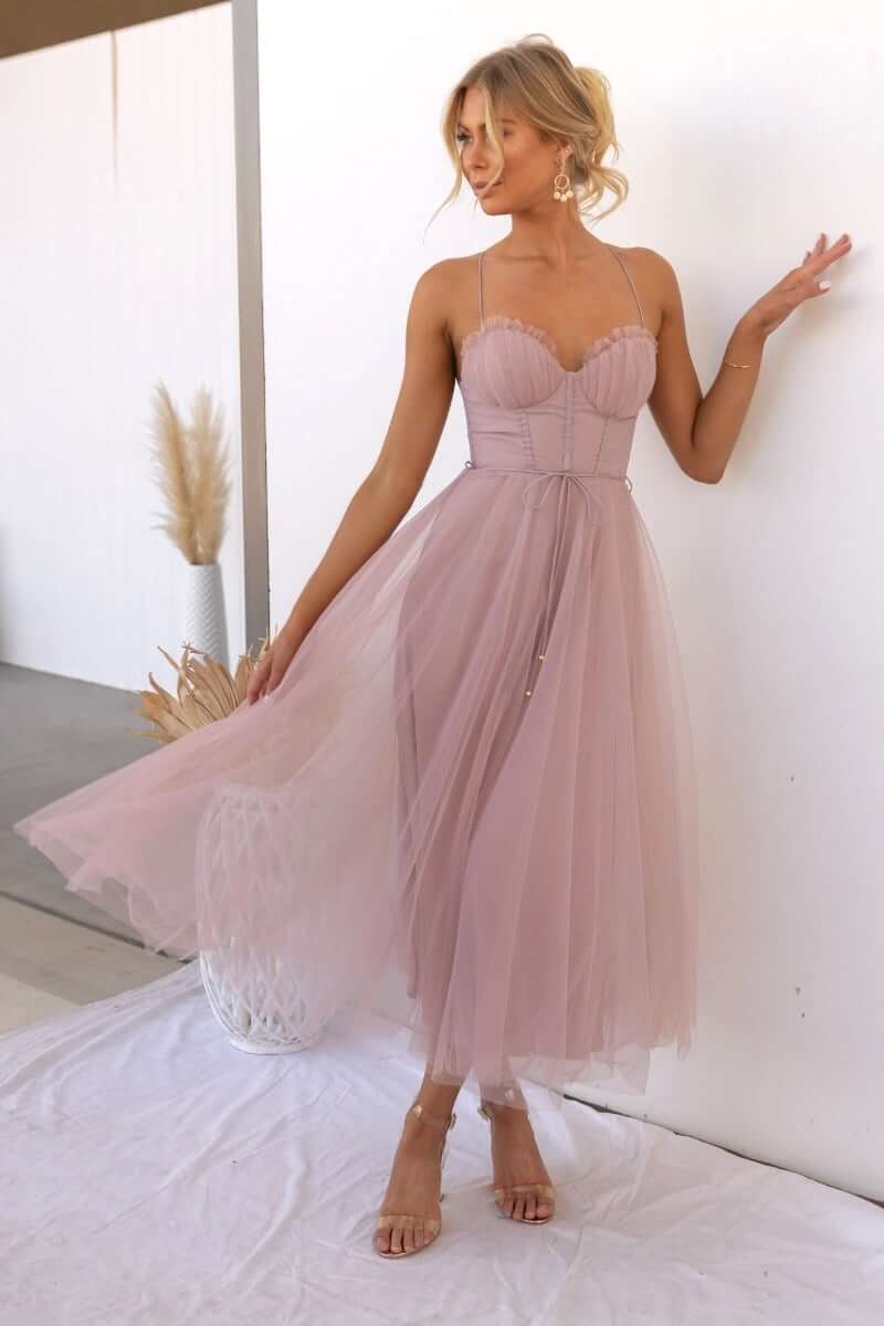Lucinda | Black Corset Tulle Midi Dress For Weddings And Parties
