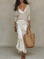 Theodora | Silk Knit & Satin Midi Skirt Two-Piece Set