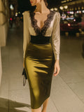 Floriane | Satin Lace Cocktail Occasion Dress Olive Green