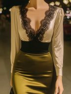Floriane | Satin Lace Cocktail Occasion Dress Olive Green