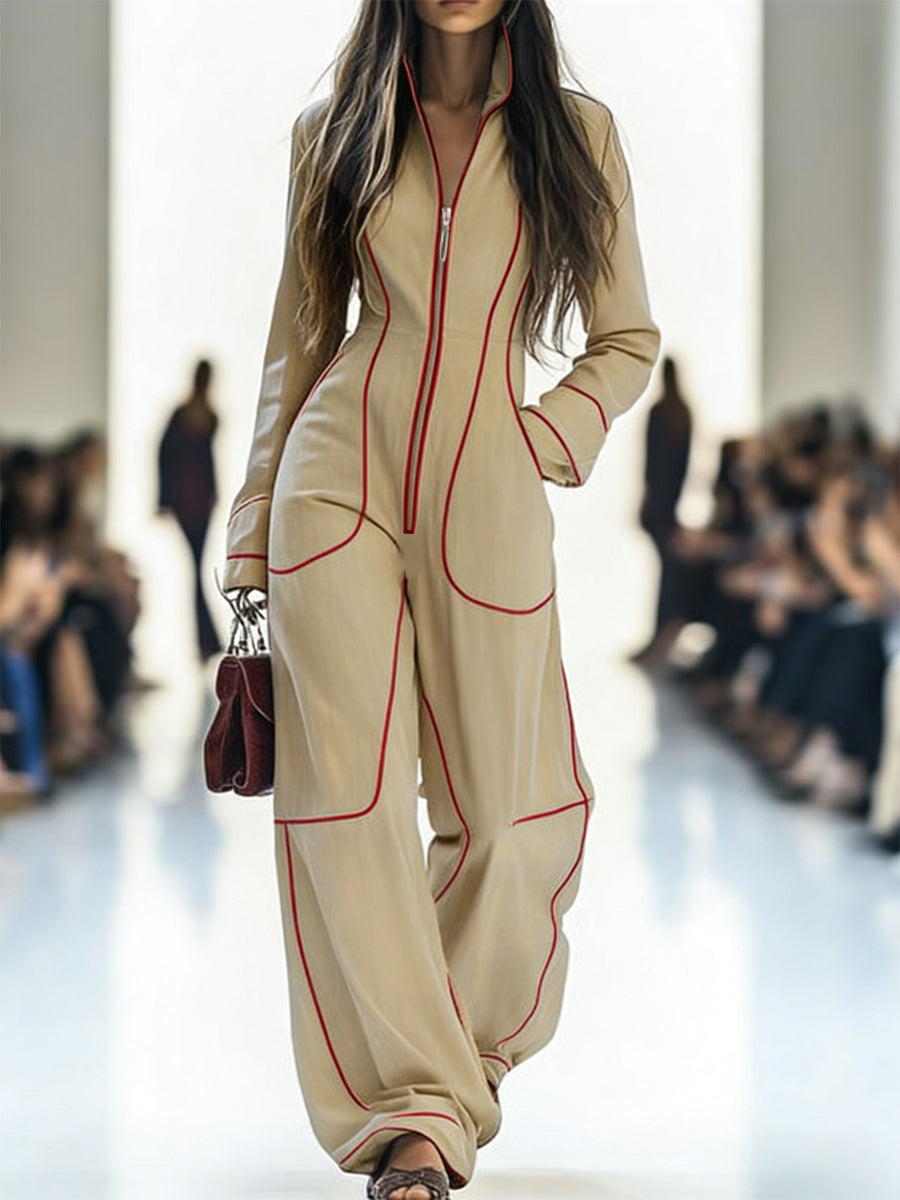 Rosaline | Long Sleeve Wide Leg Denim Jumpsuit Strapless White — APRICOT