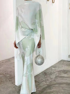 Tamsin | Knitted Co-Ord Set Botanical Print Kimono Sleeve — Pale Sage