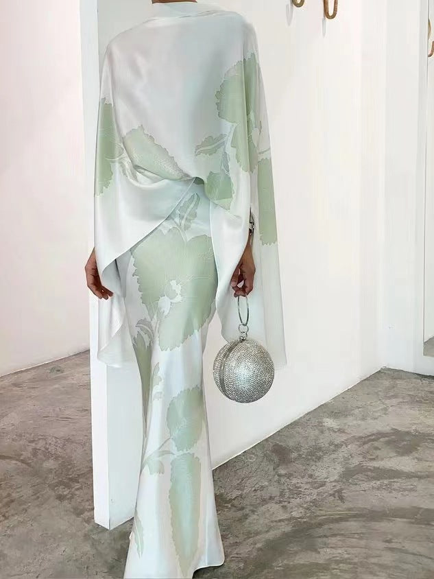 Tamsin | Knitted Co-Ord Set Botanical Print Kimono Sleeve — Pale Sage