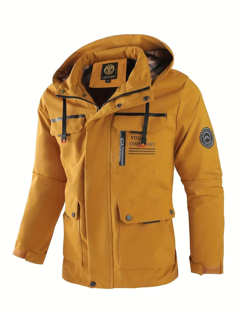 Benedict | Men Winter Puffer Jacket Coat Leather Hood — Gelb