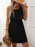 Liliana | Women's Waffle Knit Drawstring Mini Tank Dress — Black