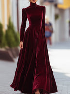 Sabine | Velvet Long Sleeve Pleated Evening Gown Maxi Dress