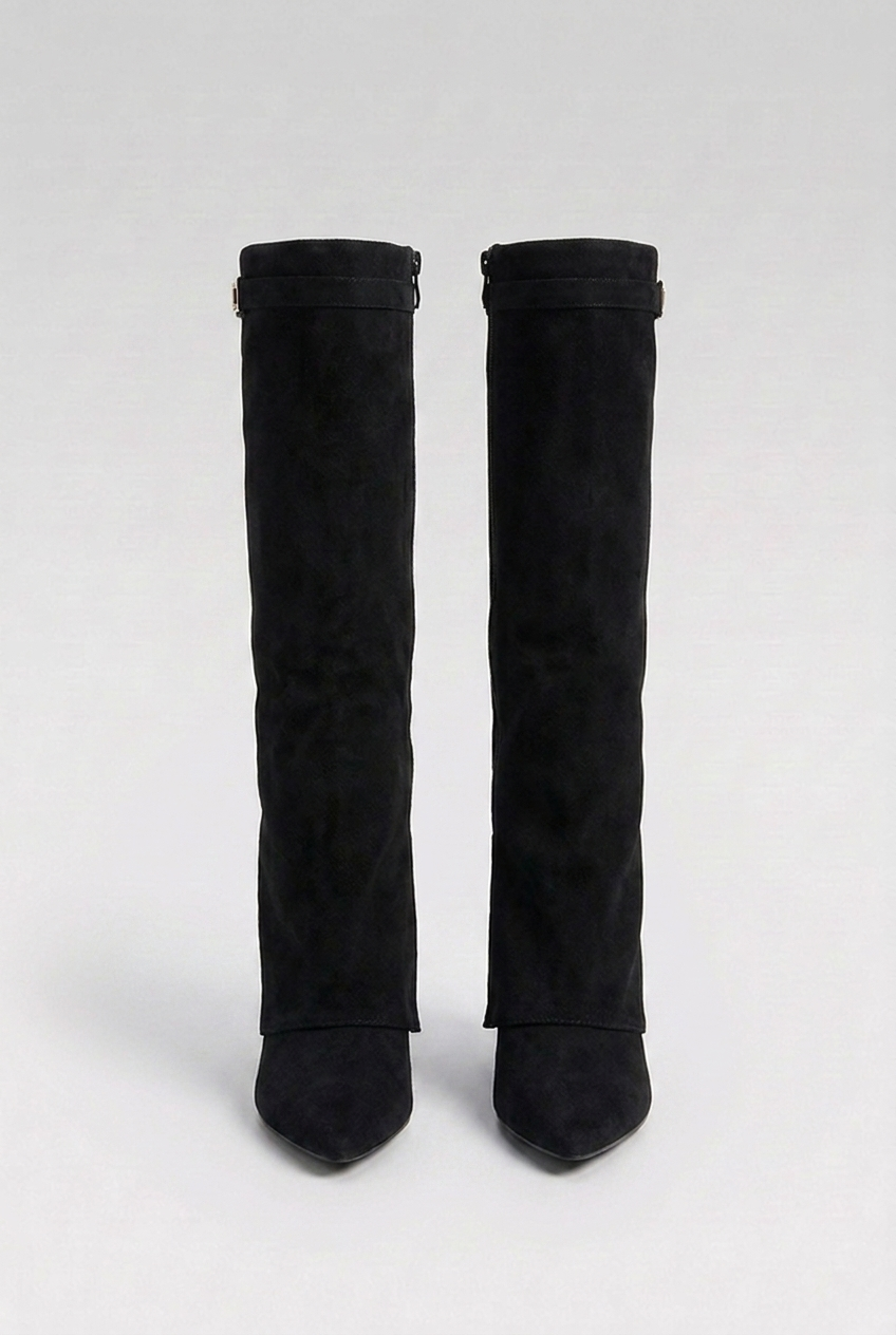 Greta | Black Heeled Knee High Slouchy Block Heel Boots