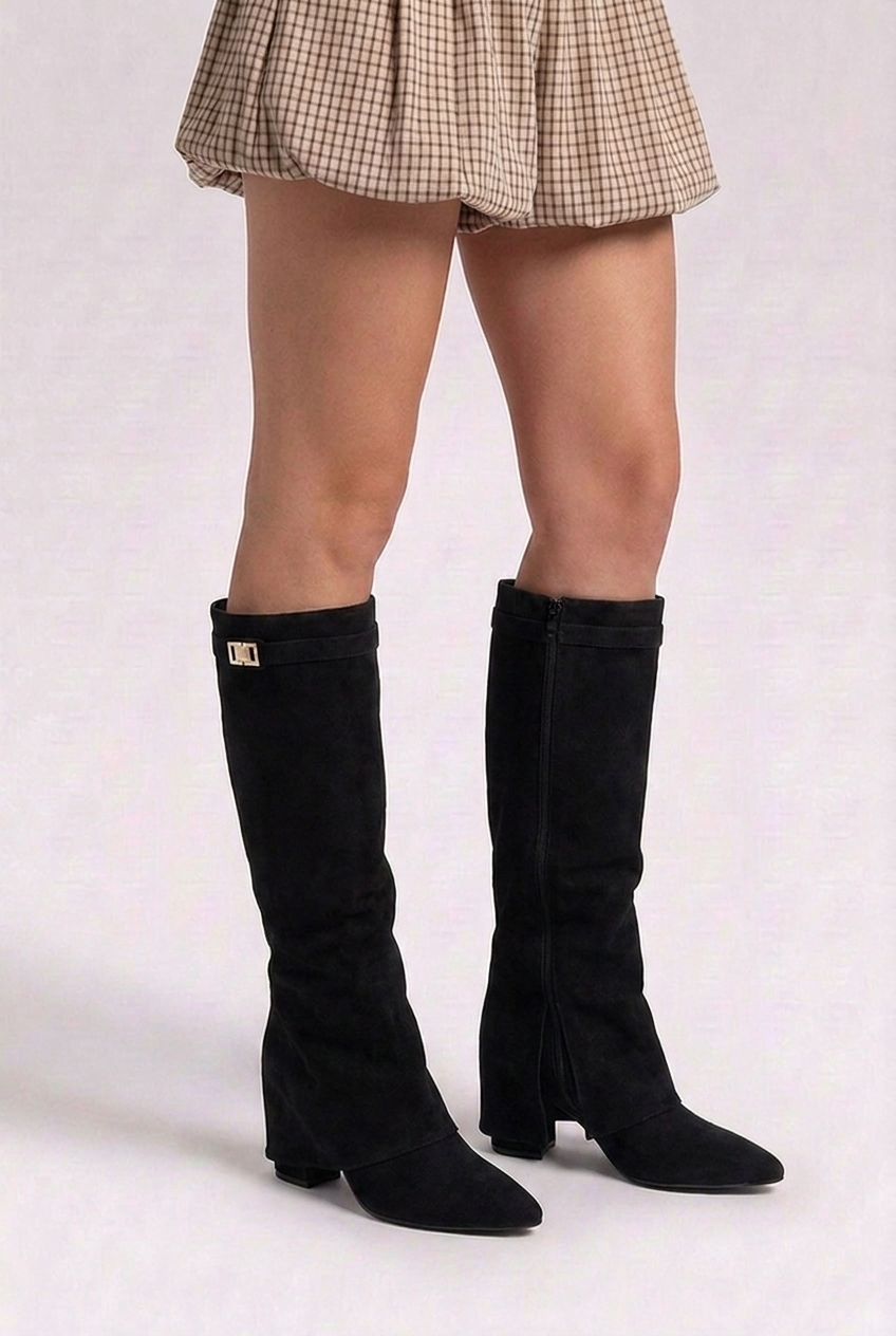 Greta | Black Heeled Knee High Slouchy Block Heel Boots