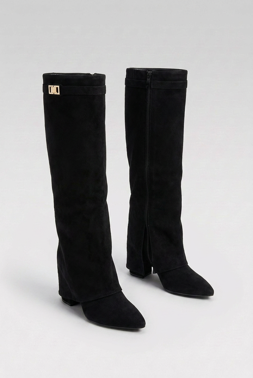 Greta | Black Heeled Knee High Slouchy Block Heel Boots — Black