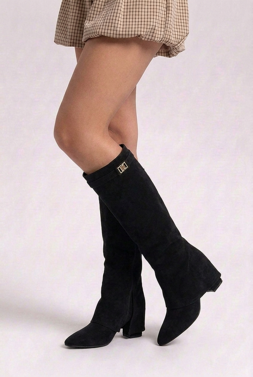 Greta | Black Heeled Knee High Slouchy Block Heel Boots