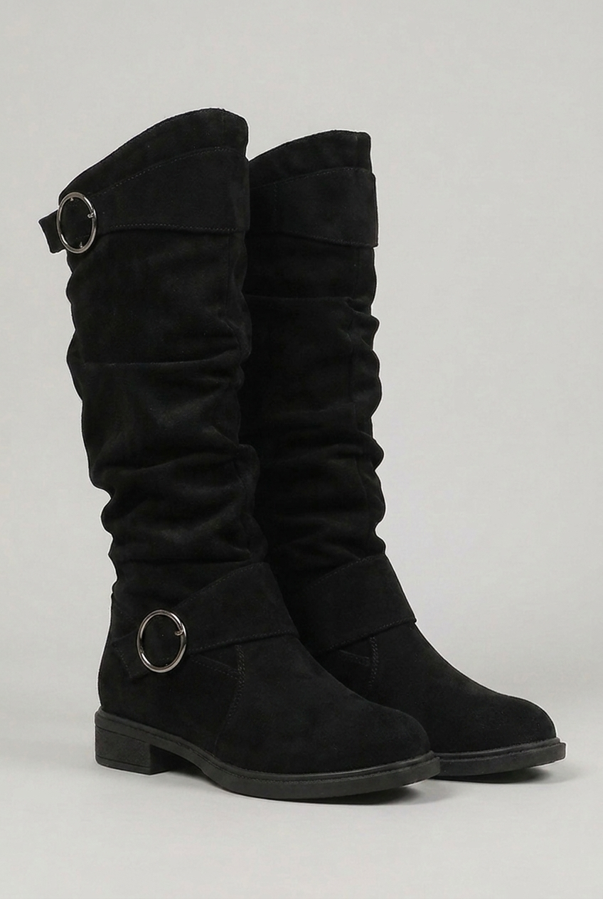 Lucinda | Chunky Black Leather Block Heel Knee High Boots — Black