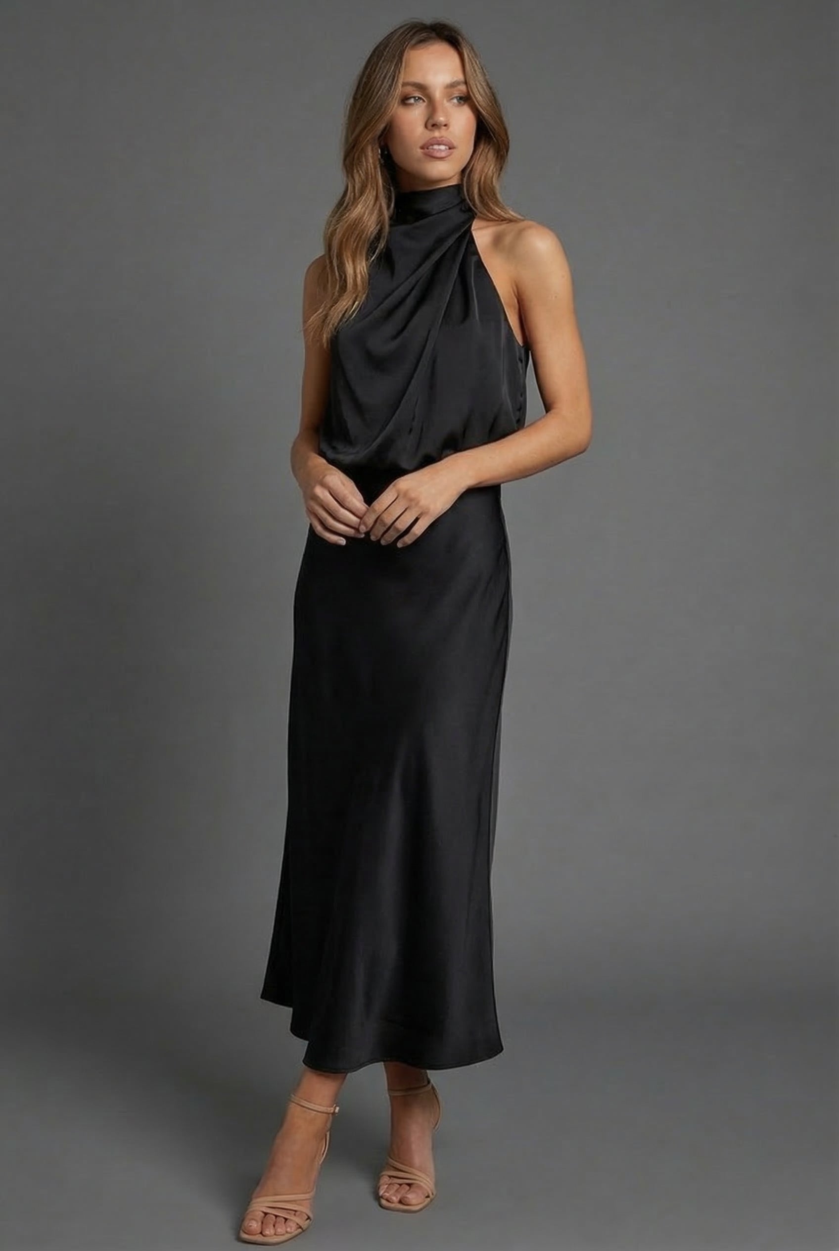 Sidonie | Summer Wedding Guest Dress Halter Neck Satin Midi