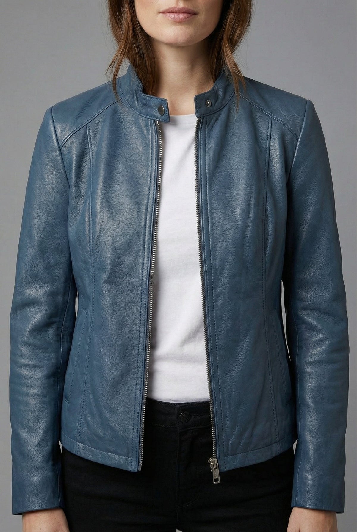 Rosaline | Black Leather Biker Bomber Jacket — Navy