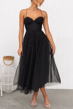 Lucinda | Black Corset Tulle Midi Dress For Weddings And Parties