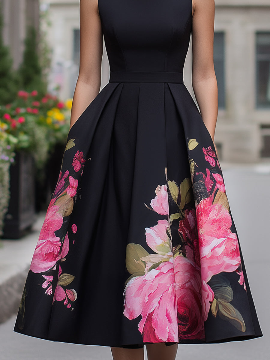 Eloise | Floral Sleeveless Draped Occasion Evening Midi Dress