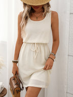 Liliana | Women's Waffle Knit Drawstring Mini Tank Dress — Cream
