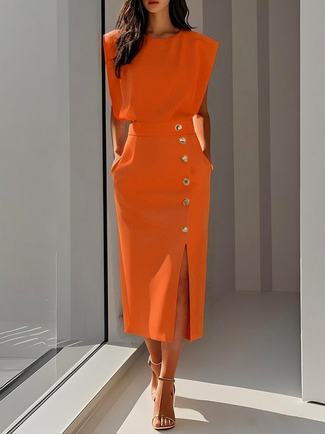 Capucine | Formal Midi Dress With Flowing Silhouette — Orange