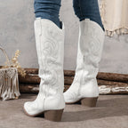 Genevieve | Western Leather Knee High Block Heel Boots Black Brown — White