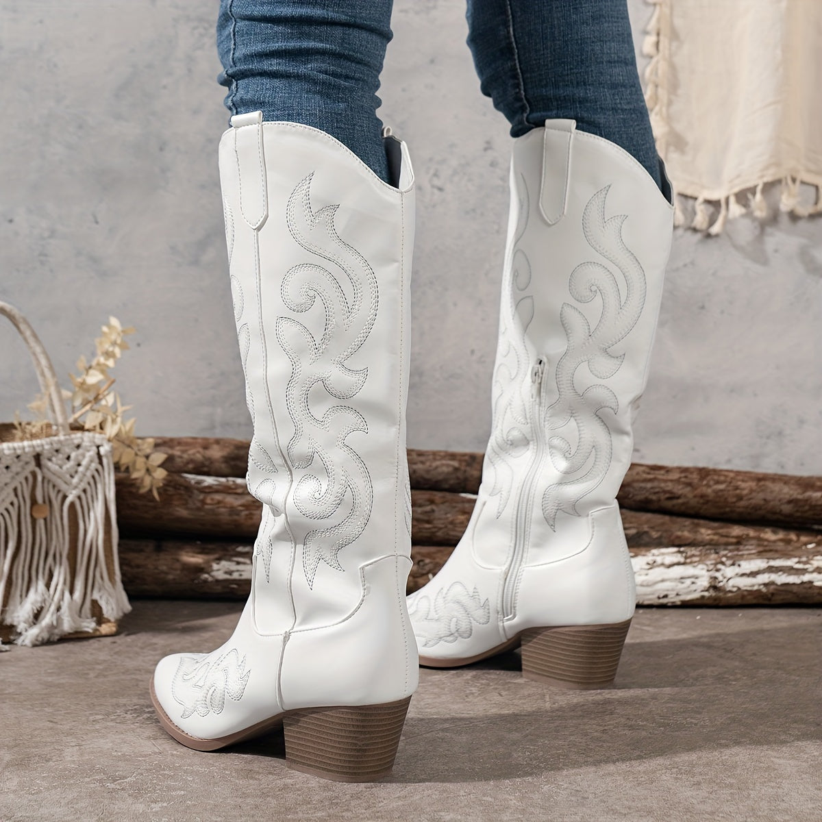 Genevieve | Western Leather Knee High Block Heel Boots Black Brown — White