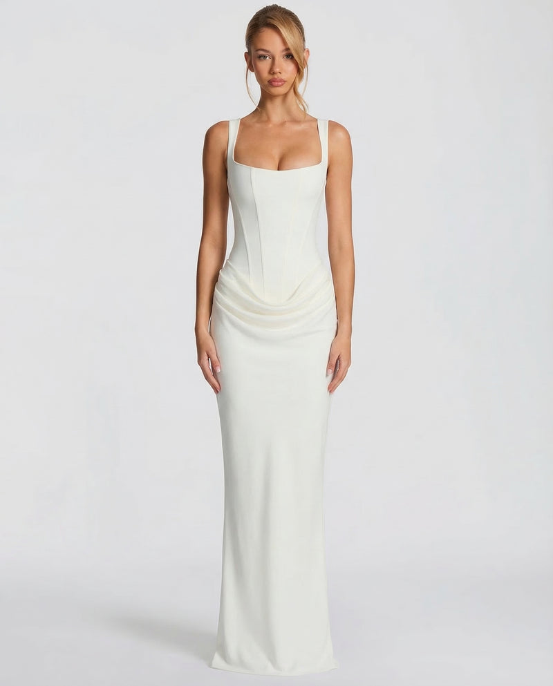 Berenice | Black Corset Dress with Cowl Skirt for Evening Gala
