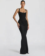 Berenice | Black Corset Dress with Cowl Skirt for Evening Gala