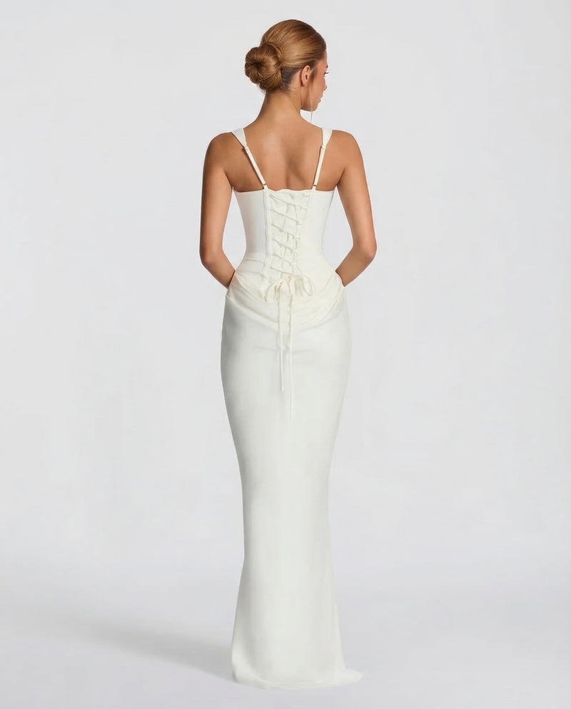 Berenice | Black Corset Dress with Cowl Skirt for Evening Gala