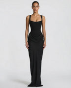 Berenice | Black Corset Dress with Cowl Skirt for Evening Gala